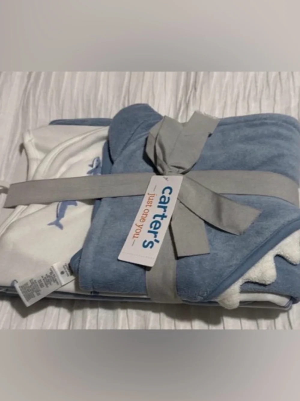 Carter's Blue Hooded Baby Towel and White Blanket Set - NWT